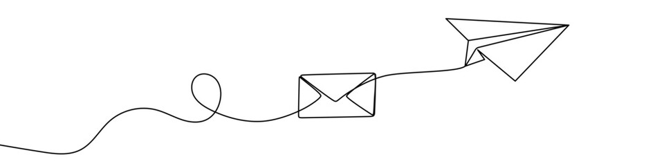 Naklejka na ściany i meble Envelope with a paper airplane flying out of it in one line art style. Mail drawing with editable black stroke on white background. Vector illustration.