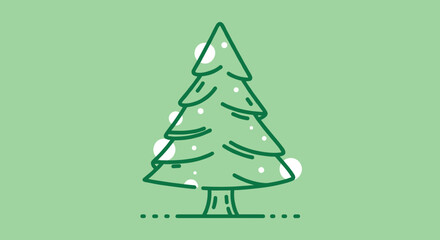 A minimalist line art drawing of a christmas tree with white dots representing snow against a light green background.