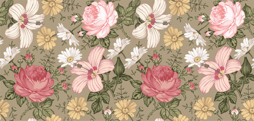 Seamless pattern. Beautiful pink blooming realistic isolated flowers. Vintage background. Set Chamomile Roses hibiscus mallow wildflowers. Wallpaper. Drawing engraving. Vector victorian Illustration