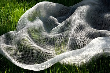 White geotextile mesh draped over green grass with wavy folds in bright sunlight