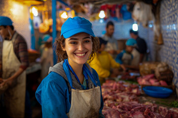 Obraz premium Smiling young woman wearing a blue cap and apron working in a bustling butcher shop