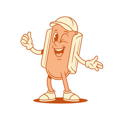 Cute positive hot dog cartoon character thumb up contoured vector flat illustration. Smiling winked fast food with sausage and bread mascot teenager cap showing good cool recommend gesture