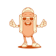 Cool hot dog cartoon character in cap sunglasses contoured vector flat illustration. Funky smiling fast food with sausage and bread mascot summer menu recommend showing thumbs up good