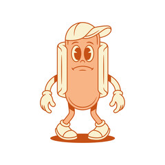 Sad hot dog cartoon character in cap tired contoured vector flat illustration. Upset unhappy fast food with sausage and bread mascot hipster teenager personage feeling tiredness sadness
