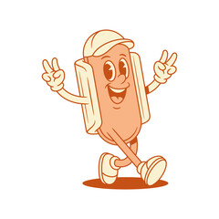 Happy hot dog cartoon character peace gesture contoured vector flat illustration. Smiling cheerful fast food with sausage and bread mascot wearing teenager cap showing good hi hello