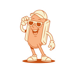 Funky summer hot dog cartoon character smiling contoured vector flat illustration. Cheerful funny fast food with sausage and bread mascot wearing cap sunglasses happy with positive emotion
