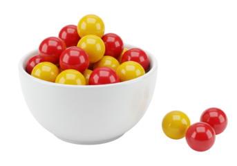 Isolated round bowl of candy gumballs, red and yellow sweets for snack or dessert, treat food