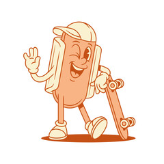 Hipster hot dog cartoon character with skateboard contoured vector flat illustration. Funny teenager in cap fast food with sausage and bread mascot winked with board summer sport outdoor activity