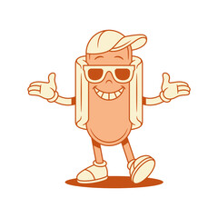 Cool hot dog cartoon character welcome gesture contoured vector flat illustration. Funny comic fast food with sausage and bread mascot wearing sunglasses and cap smiling greeting positive emotion