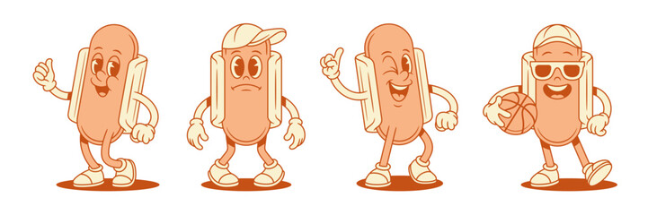 Smiling hot dog cartoon character funny mascot set contoured vector flat illustration. Happy comic fast food with sausage and bread personage sad smile idea gesture basketball ball wearing sunglasses
