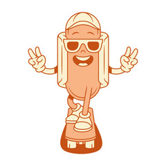 Hipster hot dog cartoon character riding skateboard contoured vector flat illustration. Funky cool teenager fast food sausage bread mascot in sunglasses cap ride board parkour sport summer activity