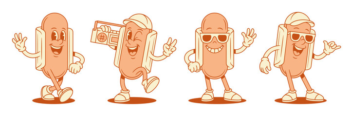 Cheerful hot dog cartoon character smiling set contoured vector flat illustration. Happy positive fast food with sausage and bread mascot retro music player greeting hi hello surf relax in sunglasses