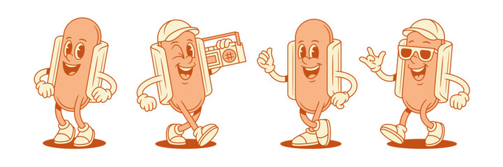 Funny cool hot dog cartoon character mascot set contoured vector flat illustration. Happy smiling fast food with sausage bread personage retro music player hi hello greeting gesture summer sunglasses © provectors