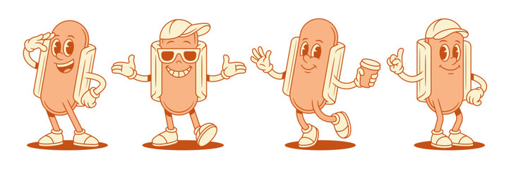 Comic hot dog cartoon character funny mascot set contoured vector flat illustration. Smiling happy fast food with sausage bread personage greeting welcome idea gesture coffee paper cup breakfast menu