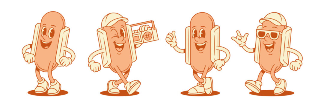 Funny cool hot dog cartoon character mascot set contoured vector flat illustration. Happy smiling fast food with sausage bread personage retro music player hi hello greeting gesture summer sunglasses