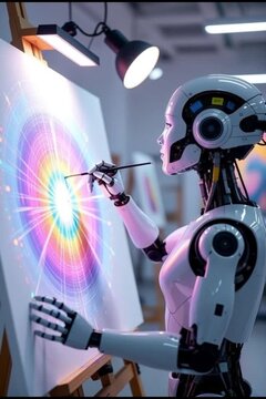 Artificial intelligence in art creation, AI-powered robotic arm painting a digital canvas