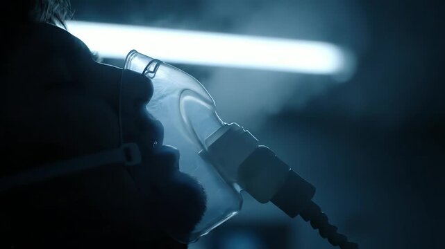 Close-up of a patient receiving oxygen through a mask in a dimly lit hospital room, highlighting medical care and respiratory support.