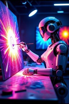 AI in art creation, AI-powered robotic arm painting a digital canvas,  digital art, futuristic painting, AI creativity, innovation, modern art, tech art, automation, creative AI