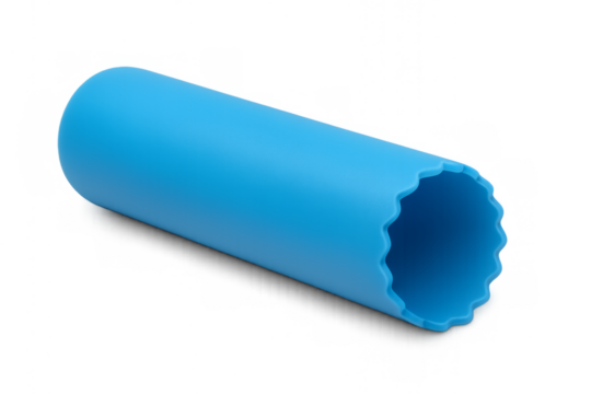 Blue plastic cylinder with scalloped edge on transparent background