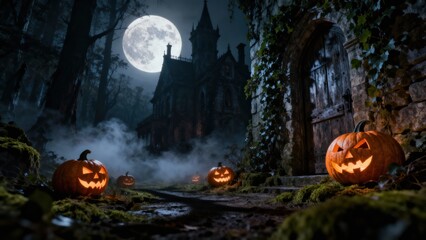 Mysterious haunted house with glowing pumpkins under a full moon.