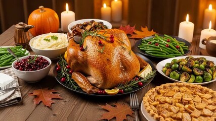 A festive thanksgiving dinner spread with a roasted turkey