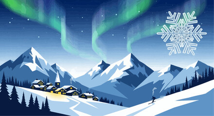 Modern Winter Nature Landscape Vector – Minimalist Alpine Village with Snowflakes and Northern Lights
