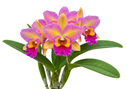 Isolated Cattleya orchids flowers in bloom, a bunch of floral buds with stems, vibrant hues