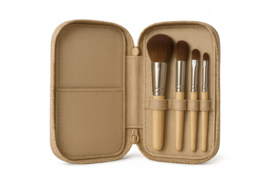 Beige makeup brush set with case and transparent background