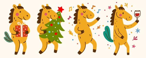 Cute Christmas horse cartoon set.Pony illustration