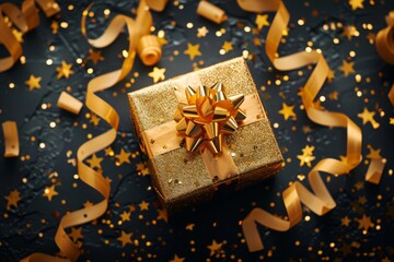 Beautiful gift box with a shiny golden bow on a colorful confetti background for celebrations