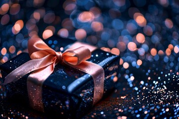 Chic Christmas Gift Wrapped with Stylish Packaging and Ribbons Against a Glowing Light Background