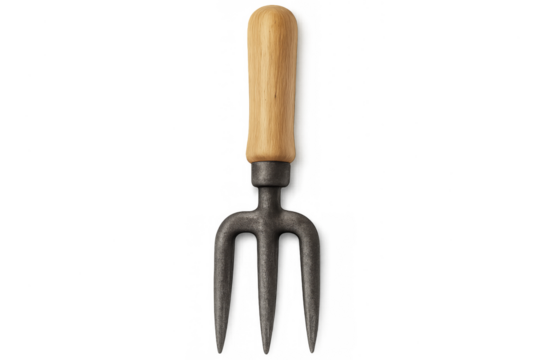 Garden hand fork with wooden handle and metal tines