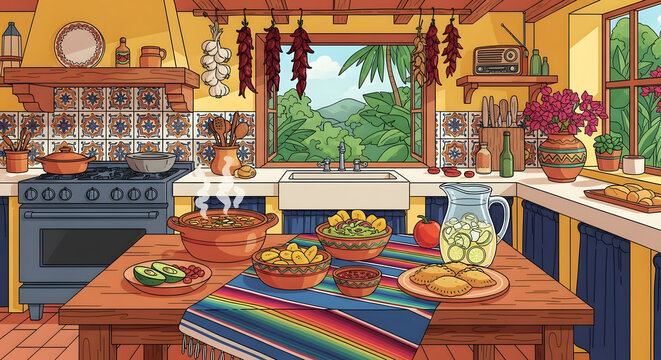 Vibrant Rustic Latin American Kitchen with Traditional Food and Colorful Decor