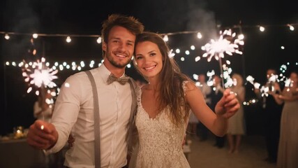 Smiling newlywed couple holding sparklers at night wedding celebration surrounded by festive string lights - Powered by Adobe