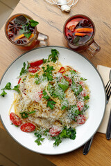 Spaghetti pasta composition top view autumn vibe