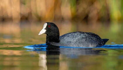 American Coot Swimming in a Pond - A Detailed Close-Up.