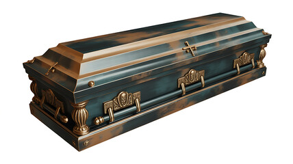 Elaborate, ornate casket rests, symbolizing loss, remembrance, and the final farewell.