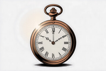 Antique pocket watch with Roman numerals, displaying time, and emitting a soft, glowing light.