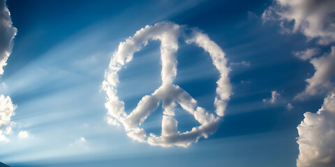 Obraz premium Peace symbol formed by clouds in a bright blue sky, conveying hope and serenity.
