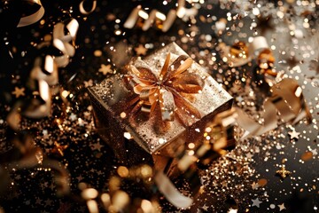 Golden Gift in Confetti Cascade A Brightly Wrapped Present Surrounded by Colorful Glitter and Joy