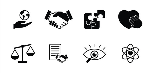 Business Ethics and Corporate Values Icon Set in Black Silhouette Style