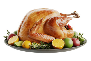 Roasted poultry centerpiece surrounded by citrus fruits and greenery, a festive culinary display.