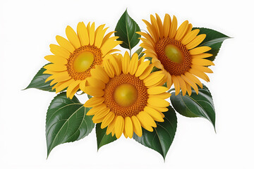 Vibrant sunflowers with lush green leaves create a cheerful, sunny, and natural botanical display.