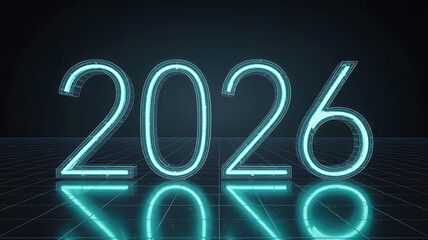 Futuristic neon numbers "2026" glow against a reflective, dark surface, signifying the future.