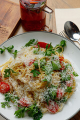 Spaghetti pasta composition top view autumn vibe