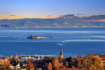 Aerial view of Trondheim fjord and Munkholmen