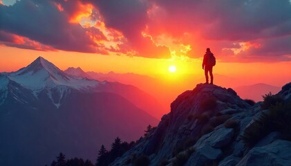 Silhouetted Hiker on Mountain Peak at Sunset  A Breathtaking Landscape of Adventure and Freedom