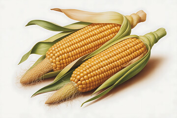 Golden ears of corn, vibrant yellow kernels, lush green leaves, representing harvest and agricultural abundance.