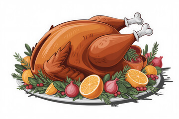 Roasted turkey centerpiece surrounded by citrus fruits, onions, and festive greenery.