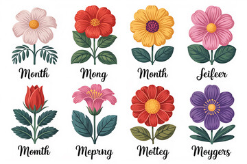 Vibrant floral arrangement showcases diverse blossoms in a colorful, botanical illustration style.